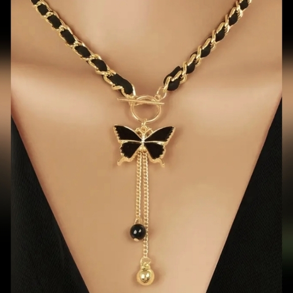 hand enameled Jewelry - GOLD BUTTERFLY CHOKER NECKLACE 18-IN TOGGLE CLOSURE ENAMEL BUTTERFLY
